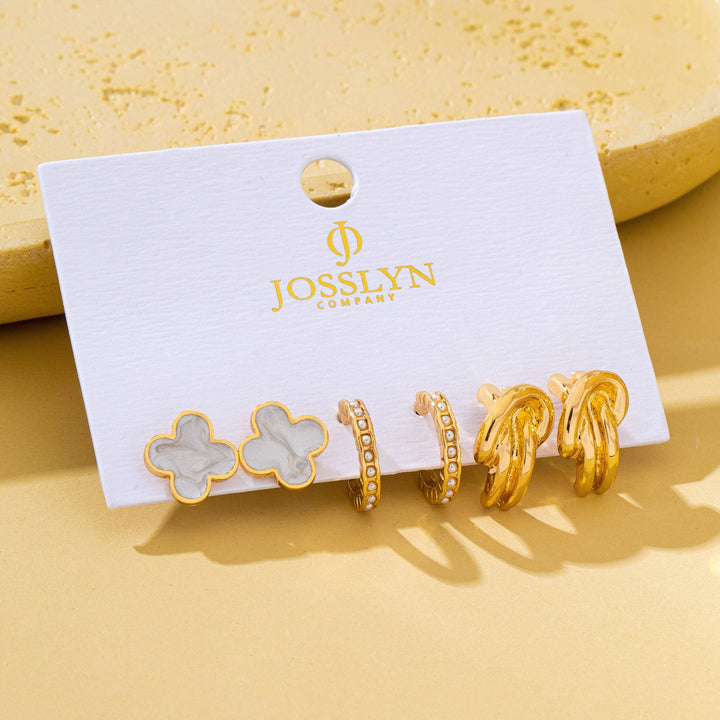 Gold-Tone Clover Pearl Huggies Hoop Earring Trio Set