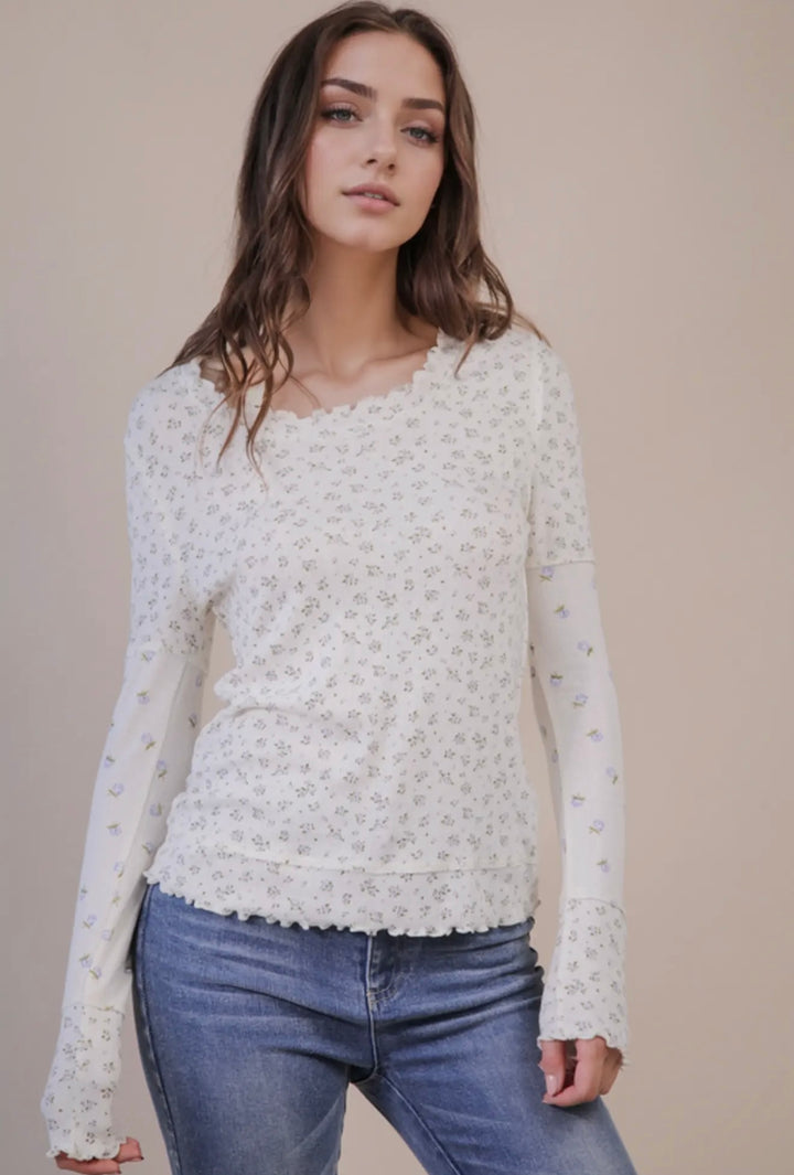 A Lovely Life Floral Lettuce Hem Long Sleeve