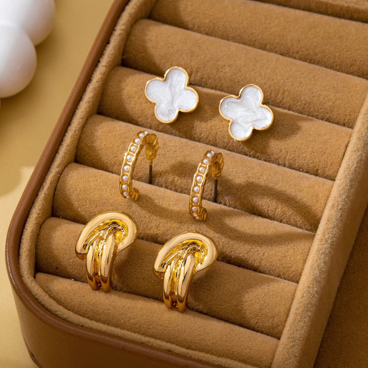 Gold-Tone Clover Pearl Huggies Hoop Earring Trio Set