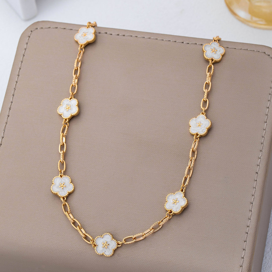 White & Gold Enamel Floral Necklace
