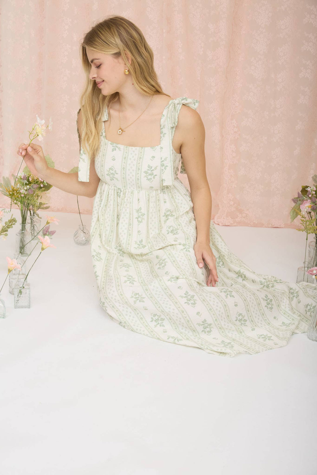 STRIPE FLORAL PATTERN TIE STRAP MIDI DRESS