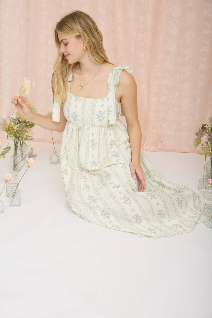 STRIPE FLORAL PATTERN TIE STRAP MIDI DRESS