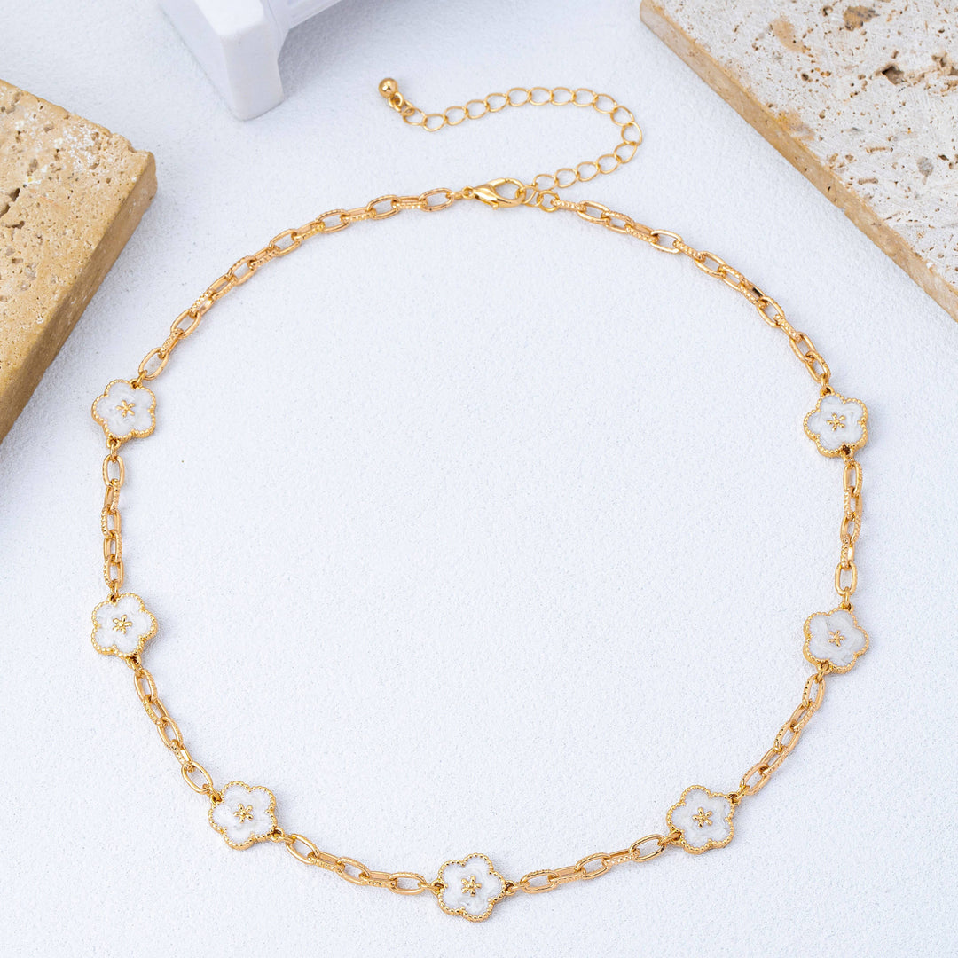 White & Gold Enamel Floral Necklace