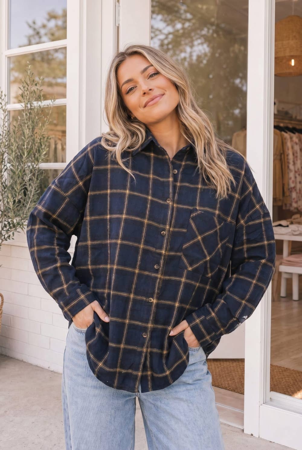 Take me on a hayride | Relaxed Fit Navy Plaid Button Front Shirt