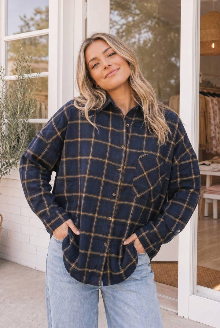 Take me on a hayride | Relaxed Fit Navy Plaid Button Front Shirt