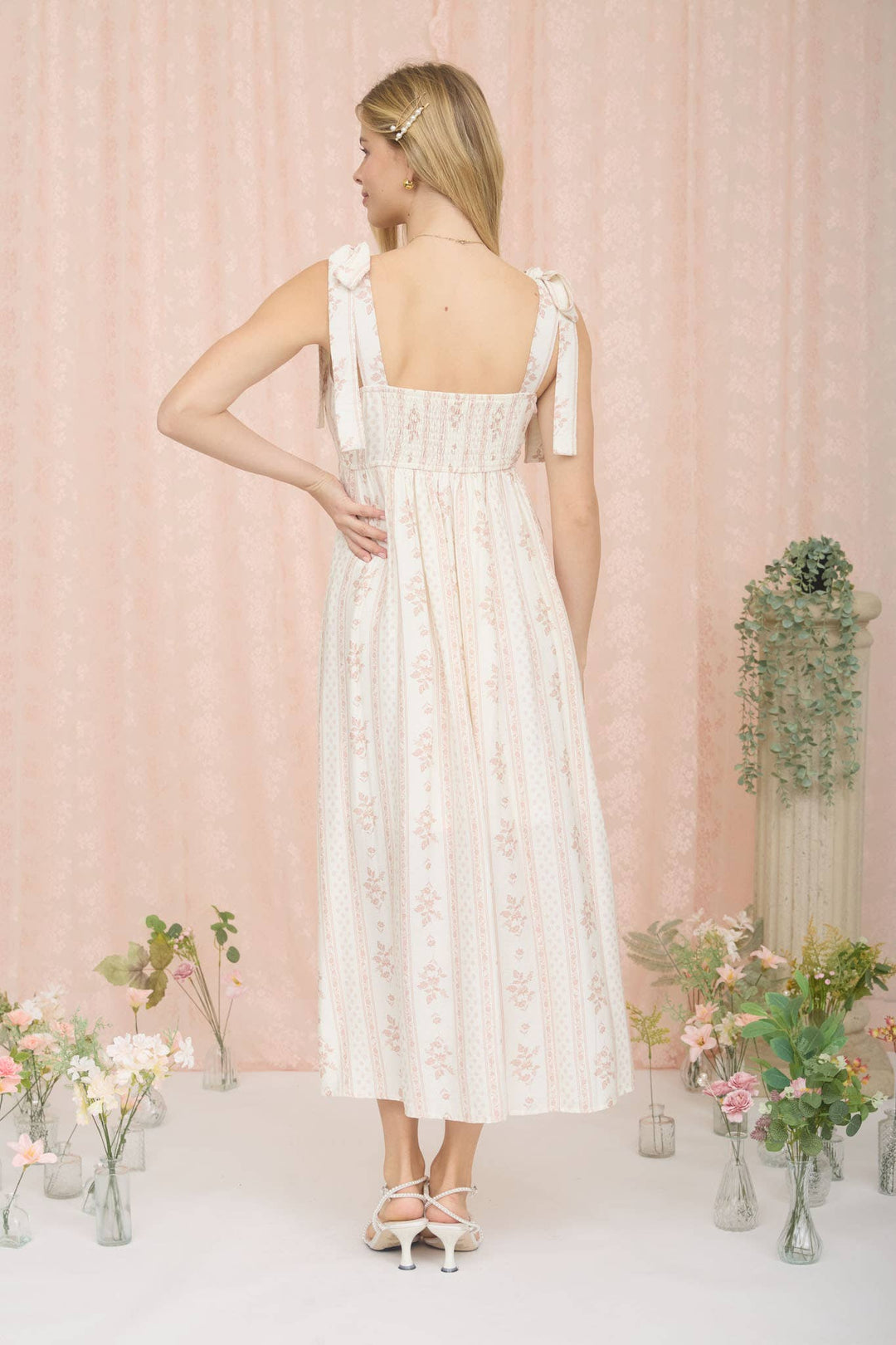 STRIPE FLORAL PATTERN TIE STRAP MIDI DRESS