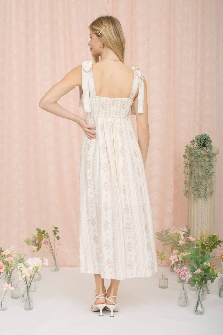 STRIPE FLORAL PATTERN TIE STRAP MIDI DRESS