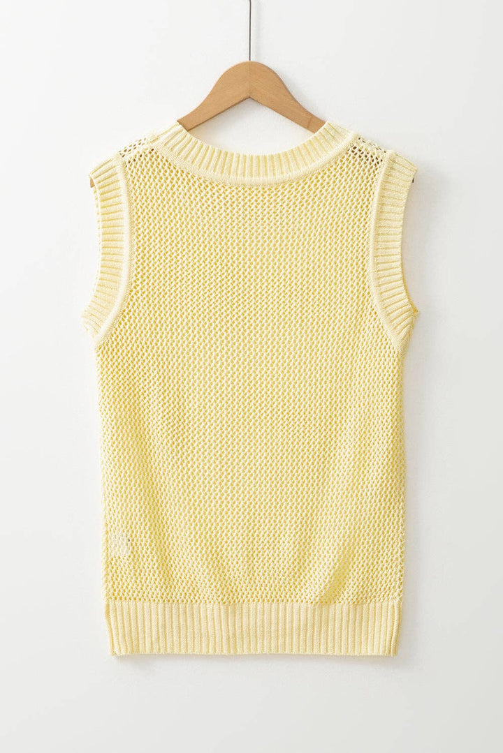 Solid Hollowed Knit Sleeveless Sweater Top