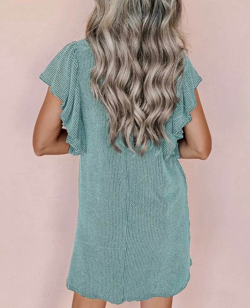 Aqua Marine | Textured Flutter Sleeve Dress