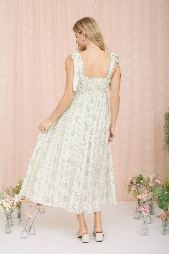 STRIPE FLORAL PATTERN TIE STRAP MIDI DRESS