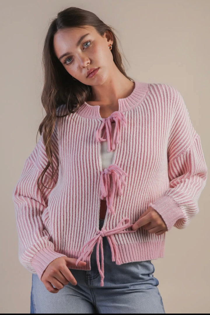 Talyn | Front Tie Two Tone Ribbed Cardigan
