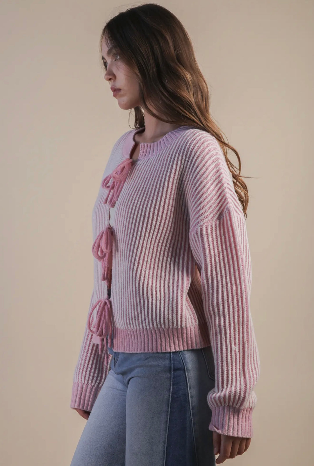 Talyn | Front Tie Two Tone Ribbed Cardigan