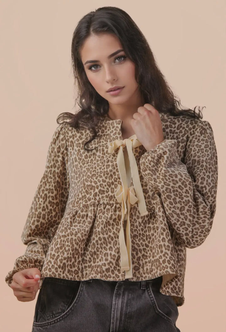 Leopard Front Tie Woven Blouse