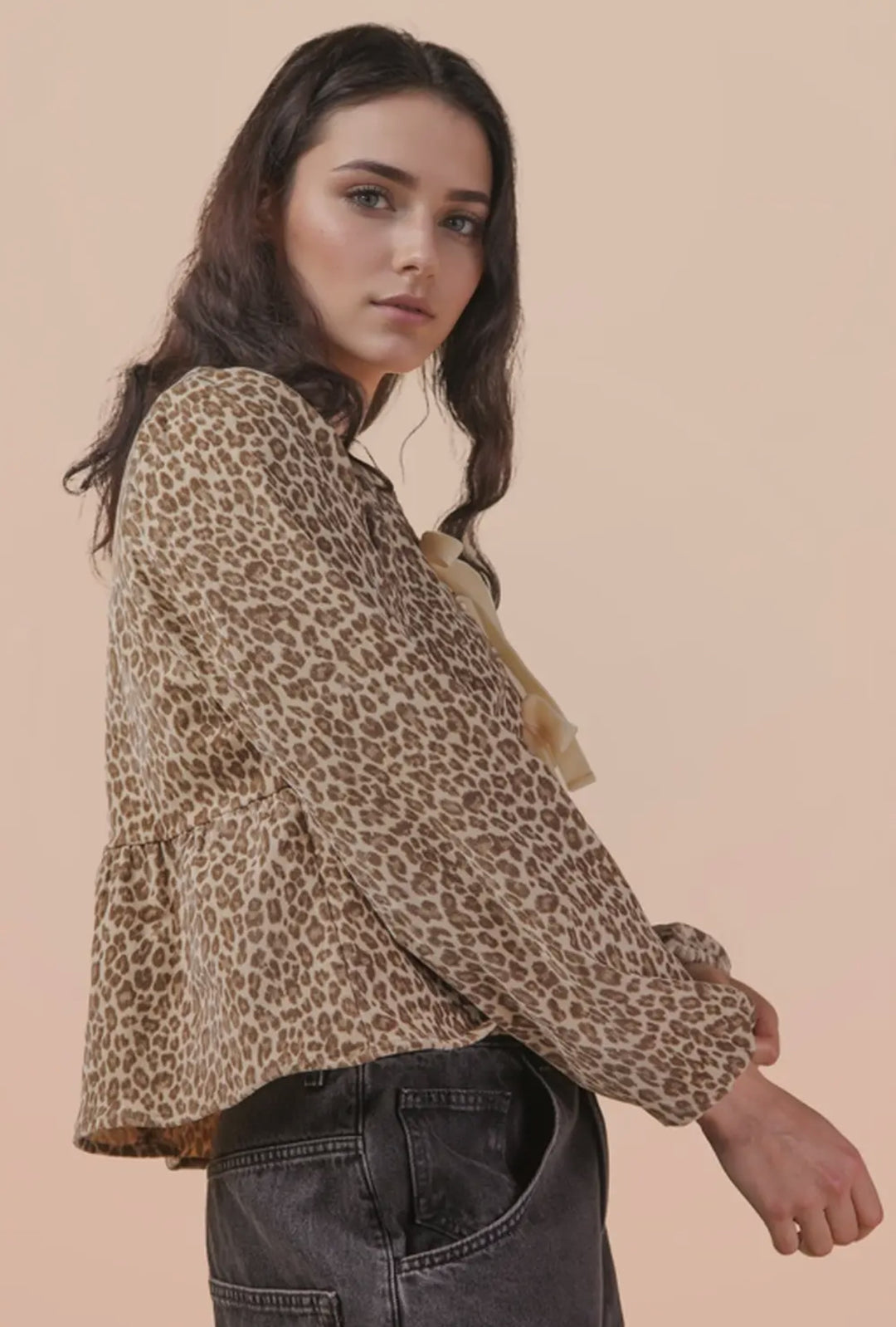 Leopard Front Tie Woven Blouse
