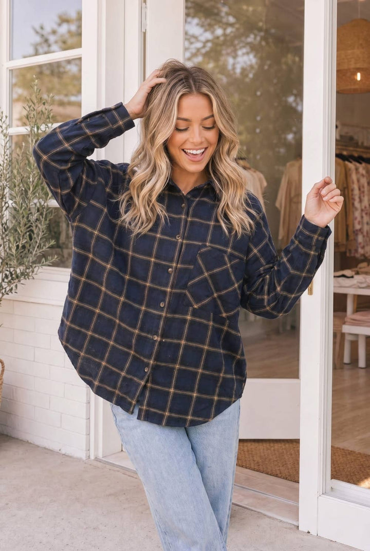 Take me on a hayride | Relaxed Fit Navy Plaid Button Front Shirt
