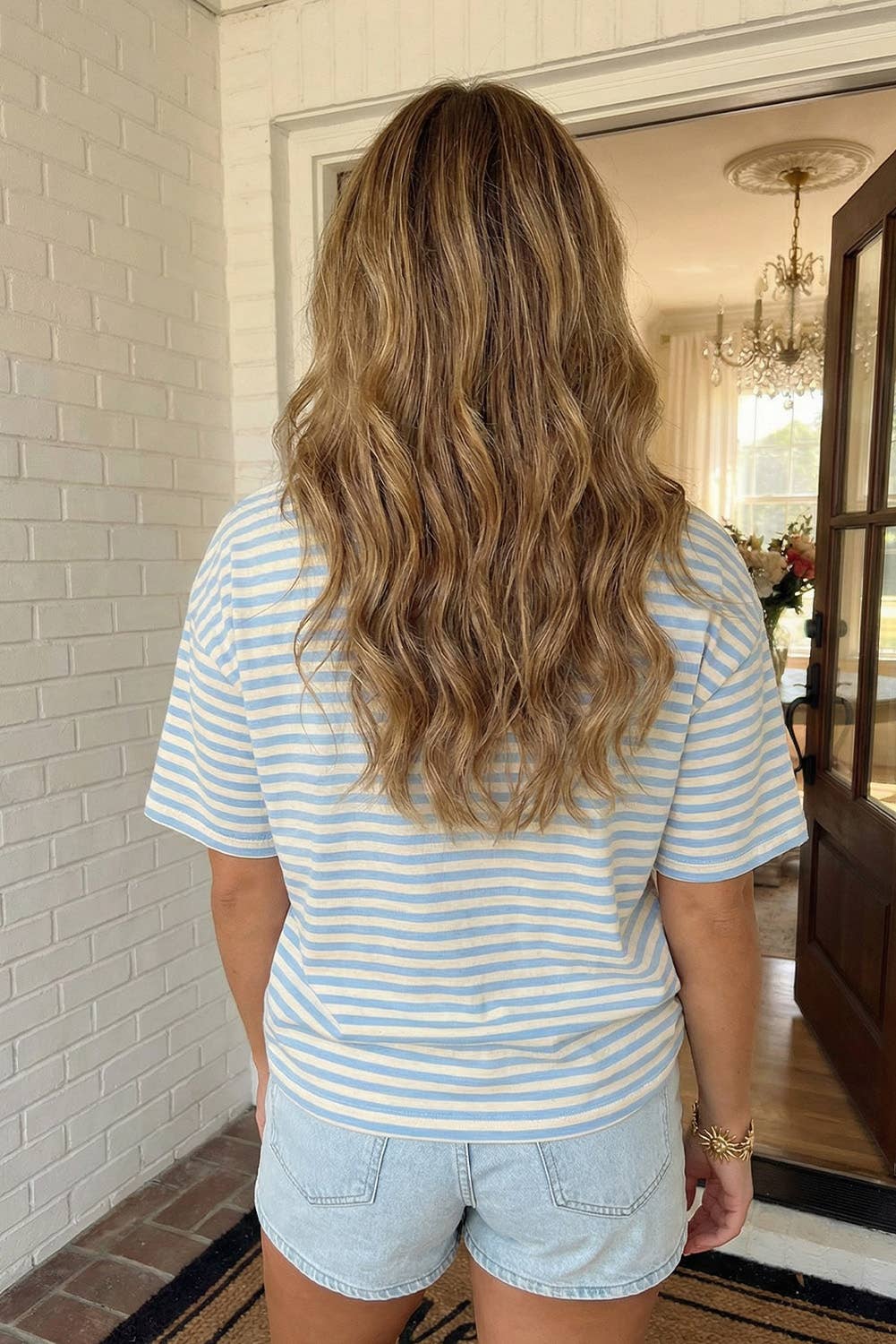 Blue and Pink Stripe Contrast Drop Shoulder Loose Tee