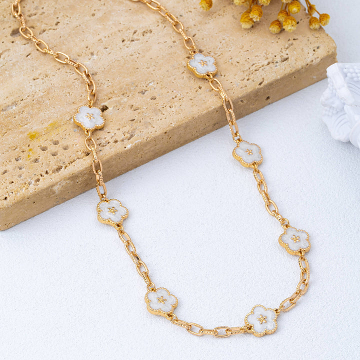 White & Gold Enamel Floral Necklace