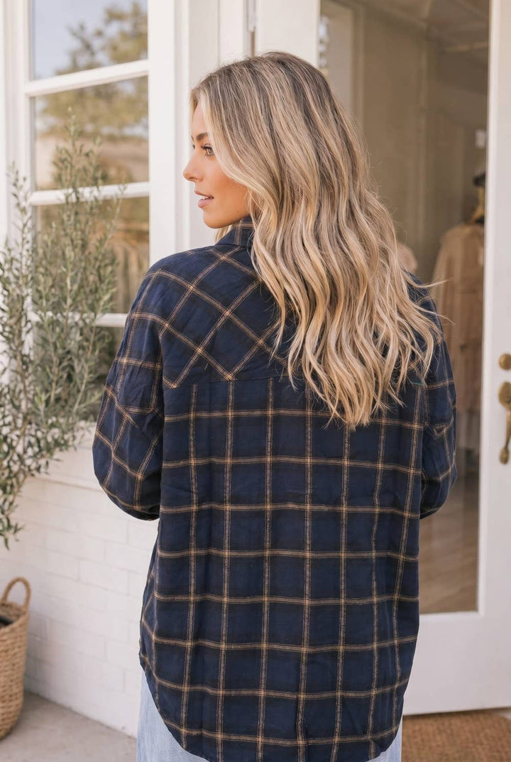 Take me on a hayride | Relaxed Fit Navy Plaid Button Front Shirt