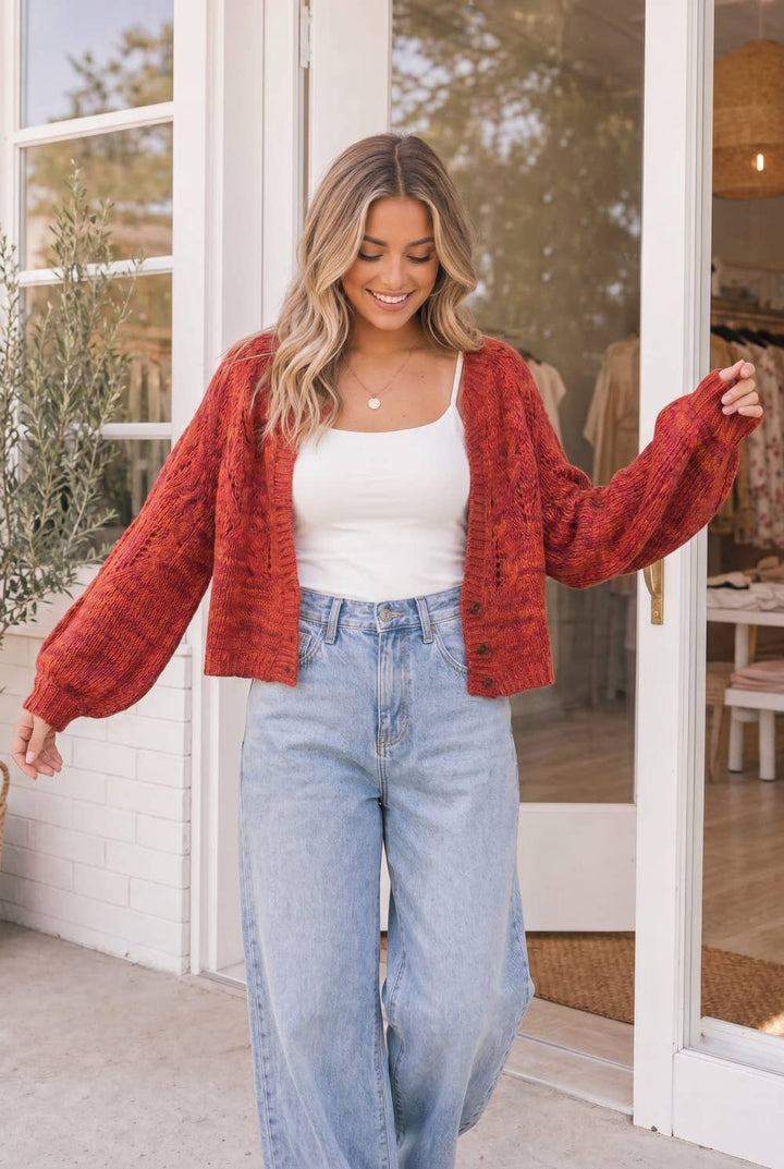 Crisp Fall Morning | Marled Rust Button Front Crop Cardigan